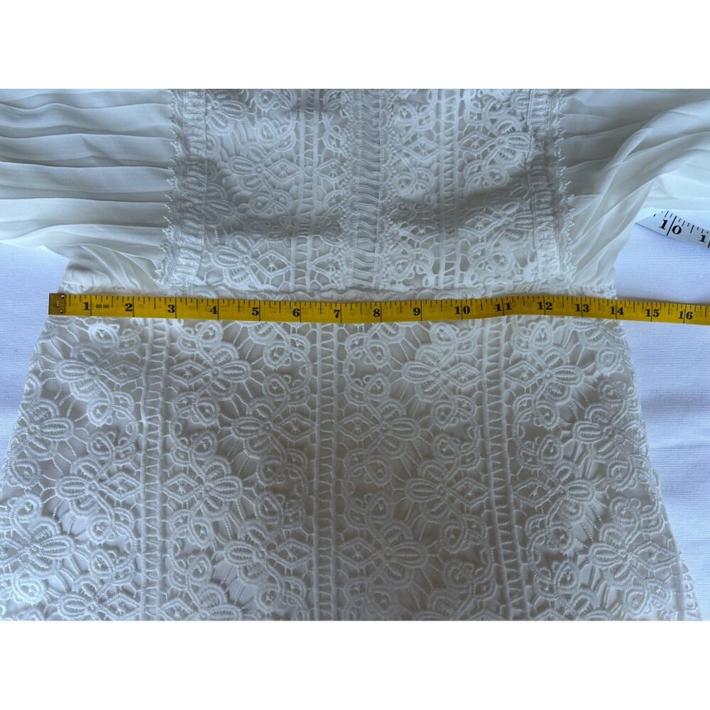 White Chiffon Crochet Mini Dress Sz M Exaggerated Balloon Sleeve Pleated Whimsy - Picture 12 of 13